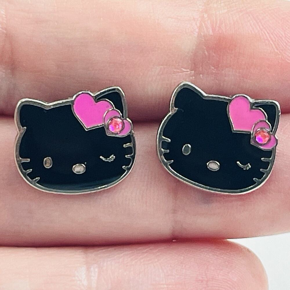 Hello Kitty Black Face Pink Vintage Earrings RARE Rhinestone Enamel Heart 2012